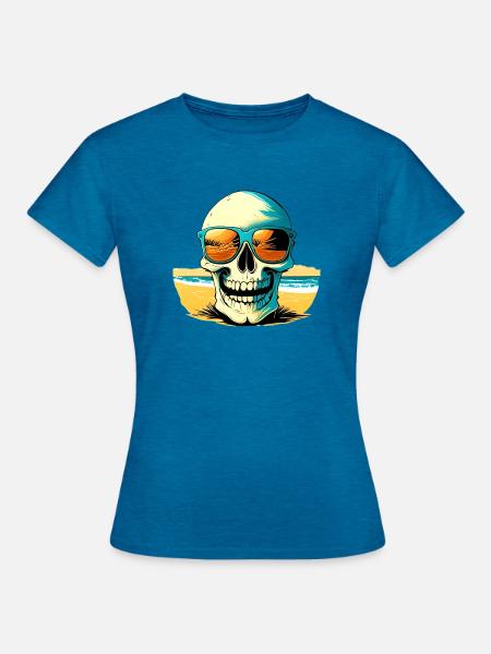 Skull with sunglasses on Beach - Frauen T-Shirt - Antikblaues Saphir meliert