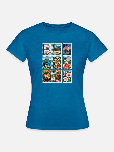 Südkorea Briefmarken - Frauen T-Shirt - Antikblaues Saphir meliert