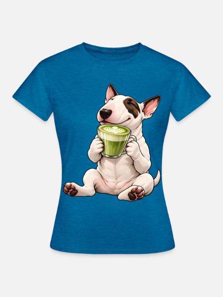 Bull Terrier mit Matcha Latte - Frauen T-Shirt - Antikblaues Saphir meliert