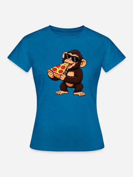 Schimpanse mit Pizza Cool Cartoon - Frauen T-Shirt - Antikblaues Saphir meliert