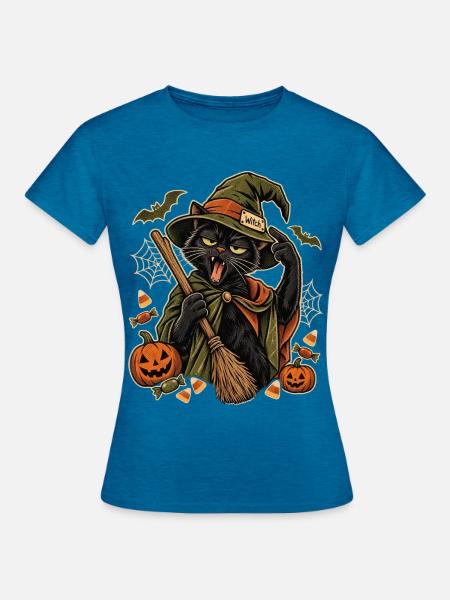 Halloween Büro-Hexe erschöpfte Hexenkatze - Frauen T-Shirt - Antikblaues Saphir meliert
