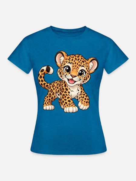 Kawaii Leopard – Süße wilde Katze - Frauen T-Shirt - Antikblaues Saphir meliert