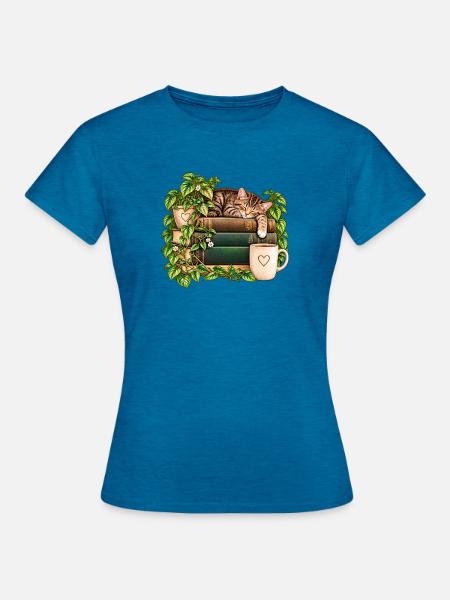 Katzenruhe auf Bücherstapel - Frauen T-Shirt - Antikblaues Saphir meliert