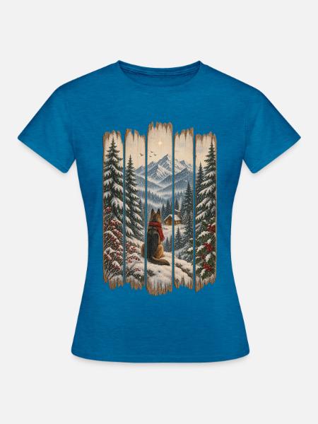 Winter-Waldhund-Weihnachtsdesign – rustikaler Schnee - Frauen T-Shirt - Antikblaues Saphir meliert
