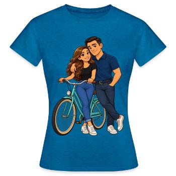 Paar auf dem Fahrrad: Liebesmoment - Frauen T-Shirt - Antikblaues Saphir meliert - Vorne - AI Model Female 172 dark (172cm)