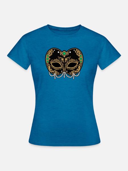 Goldene Schwarze Maske mit Perlen - Frauen T-Shirt - Antikblaues Saphir meliert