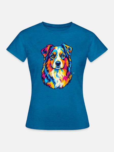 Bunter Australian Shepherd – Pop-Art-Aussie-Hund - Frauen T-Shirt - Antikblaues Saphir meliert