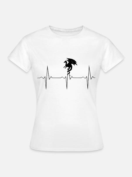 Drachen Heartbeat - Schwarze Herzlinie mit Drache - Frauen T-Shirt - Weiß