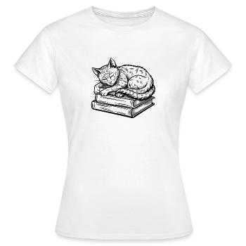 Katze schläft auf Bücherleser - Frauen T-Shirt - Weiß - Vorne - AI Model Female 172 dark (172cm)