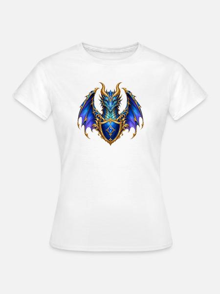 Saphirblauer Drache – Goldenes Wappenschild - Frauen T-Shirt - Weiß