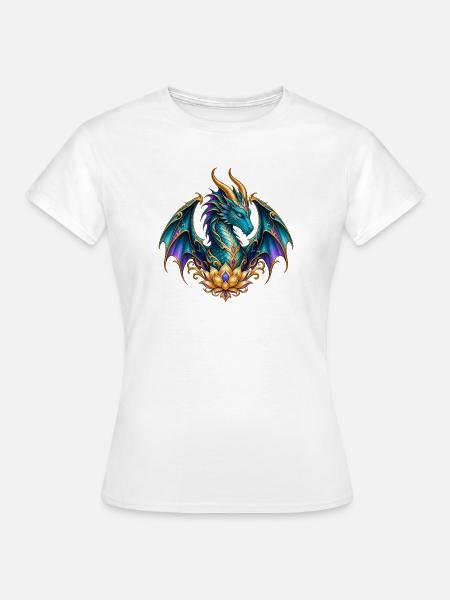 Lotusdrache – Türkiser Fantasy-Drache in Gold - Frauen T-Shirt - Weiß