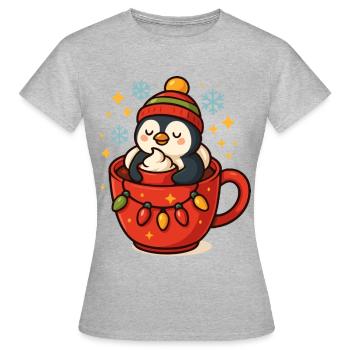 Pinguin in Weihnachtstasse süß - Frauen T-Shirt - Grau meliert - Vorne - AI Model Female 172 dark (172cm)