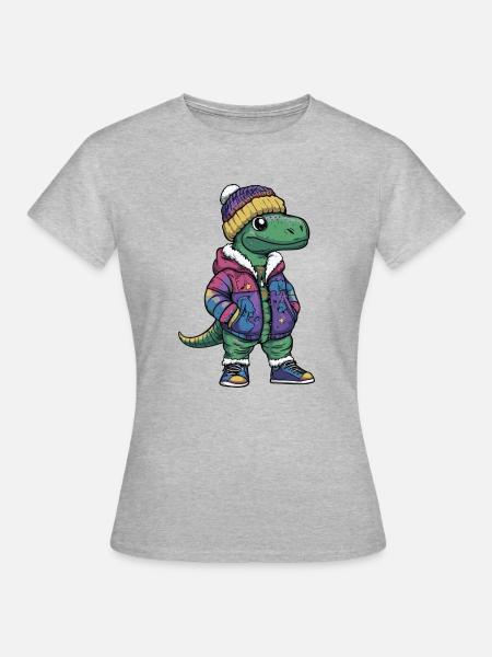 Dinosaurier mit Winterjacke und Mütze - Frauen T-Shirt - Grau meliert