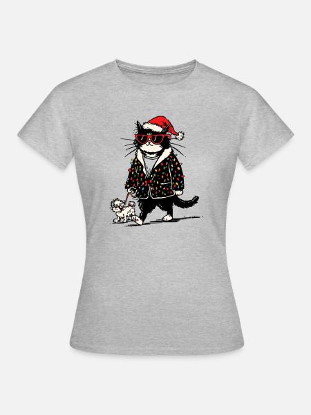 Cool Christmas Lights Cat Walking Dog - Frauen T-Shirt - Grau meliert