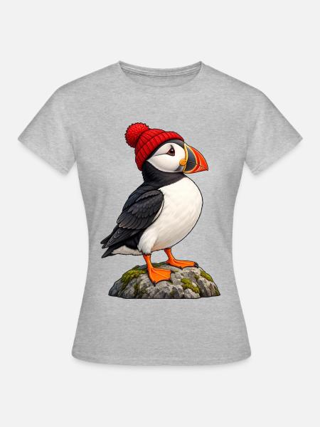 Papageitaucher mit roter Bobble-Mütze - Frauen T-Shirt - Grau meliert