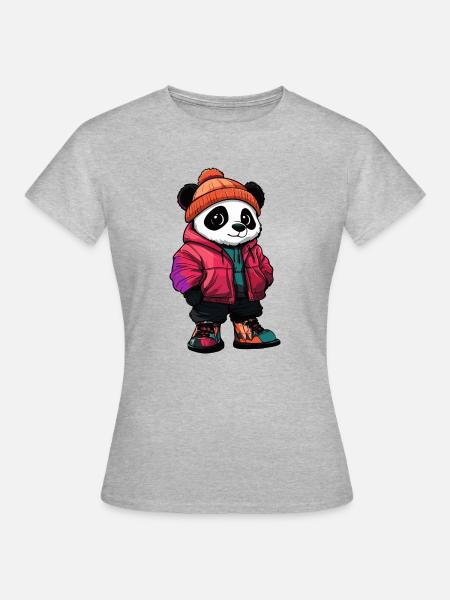 Panda mit Winterjacke und Mütze - Frauen T-Shirt - Grau meliert