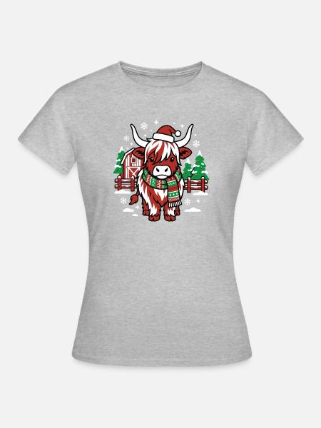 Rote Weihnachtsmannkuh auf Winter Farm - Frauen T-Shirt - Grau meliert