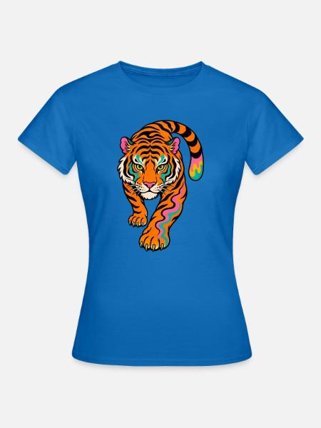 Neonfarben Tiger im Sprung - Frauen T-Shirt - Royalblau