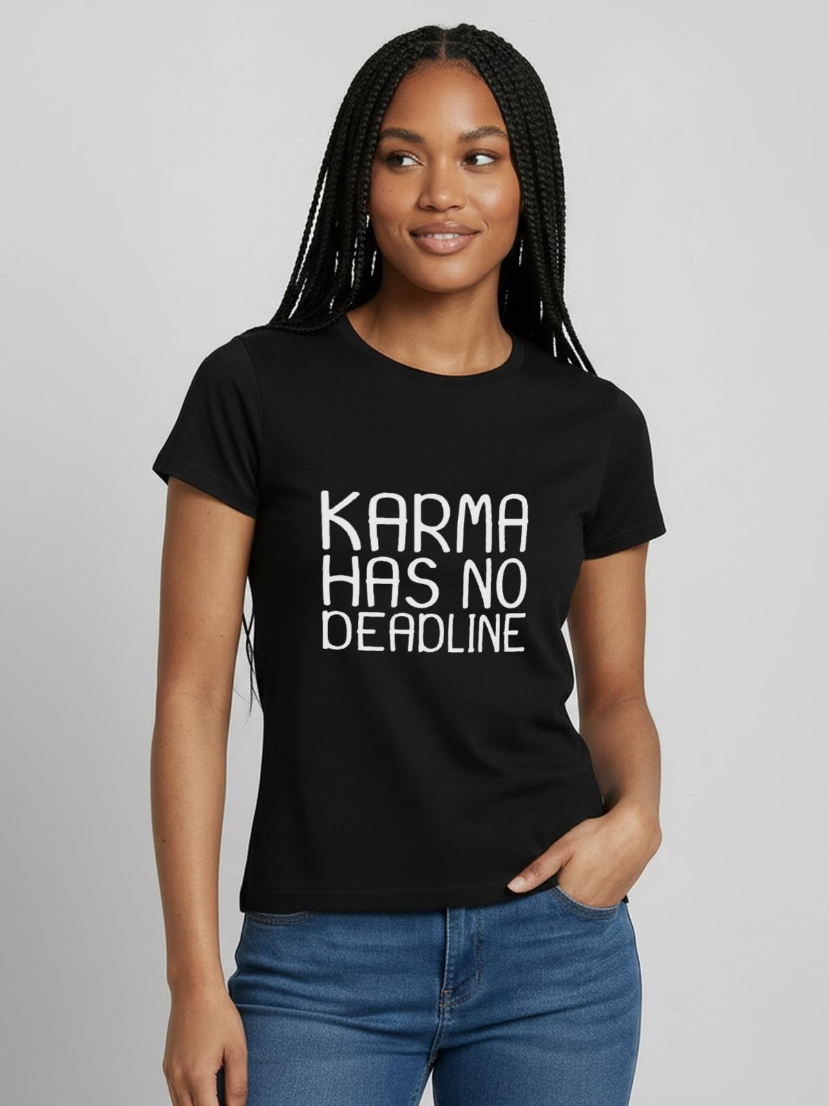 Karma Spruch - Frauen T-Shirt - Schwarz - Vorne - AI Model Female 172 dark (172cm)