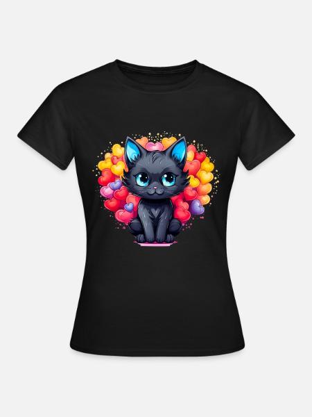 Schwarze Katze – Herz voller Liebe - Frauen T-Shirt - Schwarz