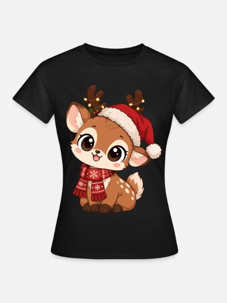 Süßer Elch mit Weihnachtsmütze - Frauen T-Shirt - Schwarz