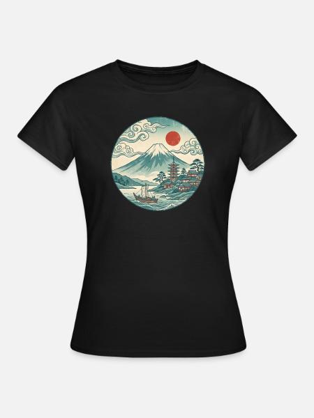 Fuji mit roter Sonne und Pagode - Frauen T-Shirt - Schwarz