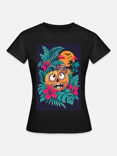 Skelett-Kürbis und tropischer Mond - Frauen T-Shirt - Schwarz