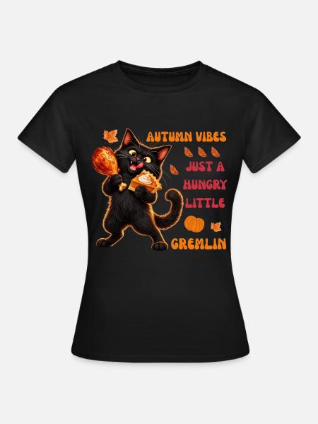 Herbststimmung: Hungriger schwarzer Katzen-Gremlin - Frauen T-Shirt - Schwarz