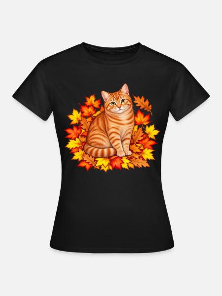 Herbstkatze in Blätterpracht - Frauen T-Shirt - Schwarz