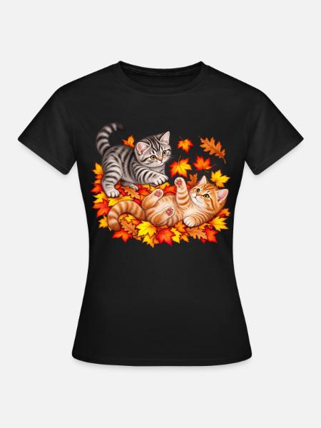 Herbstkätzchen im Herbstlaub - Frauen T-Shirt - Schwarz