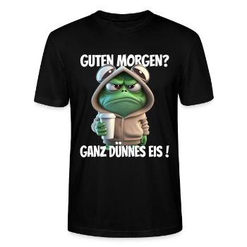 Morgenfrosch im Hoodie mit Kaffee - Stanley/Stella Unisex Bio-T-Shirt CRAFTER - Schwarz - Vorne - Alina (178cm) & Michal (187cm)