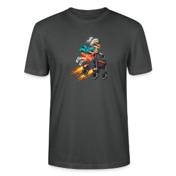 Lustige Oma mit Raketenrollator und Fliegerbrille - Stanley/Stella Unisex Bio-T-Shirt CRAFTER - Anthrazit - Vorne - Alina (178cm) & Michal (187cm)