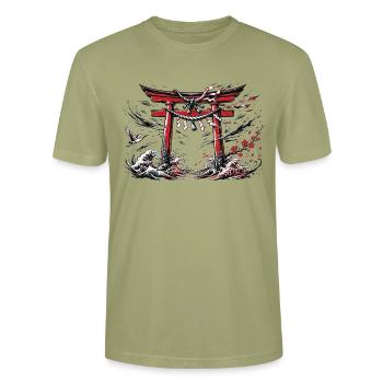 Japanische Torii und Wellen - Stanley/Stella Unisex Bio-T-Shirt CRAFTER - Nebelgrün - Vorne - Alina (178cm) & Michal (187cm)