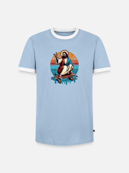 Jesus Skateboard - Männer Kontrast-T-Shirt - Hellblau/Weiß 
