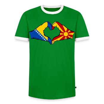 Bosnien Mazedonien Flagge Hände Herzform - Männer Kontrast-T-Shirt - Grün/Weiß  - Vorne - AI Model Female 172 light (172cm) & AI Model Male 178 dark (178cm)