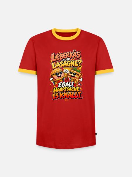 Leberkäse oder Lasagne? Egal – knallt! - Männer Kontrast-T-Shirt - Rot/Gelb