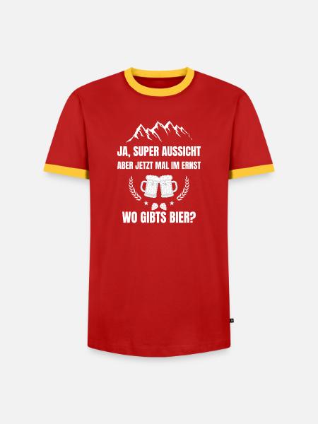 Super Aussicht, wo gibts Bier? - Männer Kontrast-T-Shirt - Rot/Gelb