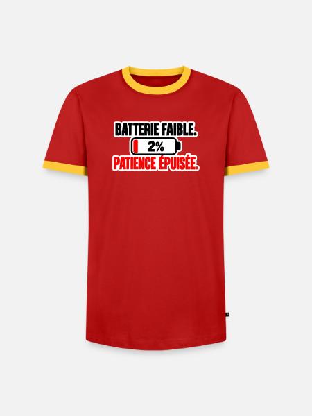 Niedriger Akku, erschöpfte Geduld - Männer Kontrast-T-Shirt - Rot/Gelb 