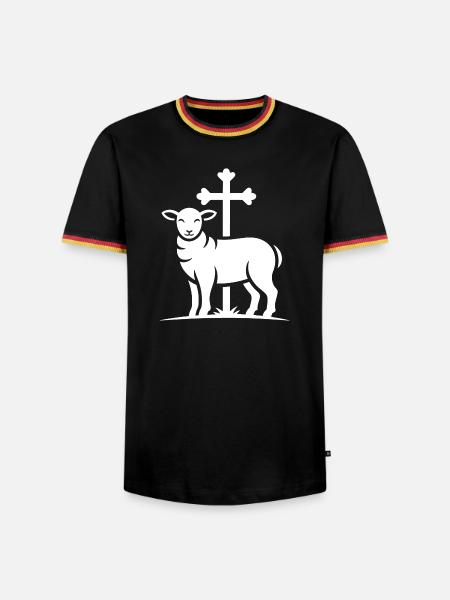 Lamm am Kreuz - Männer Kontrast-T-Shirt - Schwarz/Dreifarbig