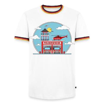 Hélicoptère et camion de pompiers - T-shirt contrasté Homme - blanc/tricolore - Devant - AI Model Female 172 light (172cm) & AI Model Male 185 light (185cm)