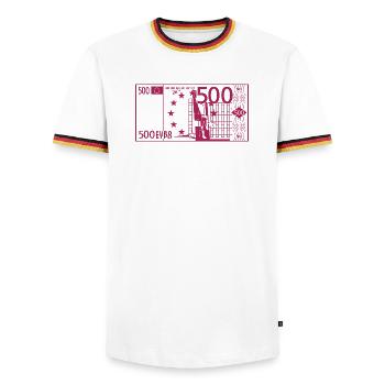 500 EUR Geld Schein für Glitterdruck optimiert - Männer Kontrast-T-Shirt - Weiß/Dreifarbig - Vorne - AI Model Female 172 light (172cm) & AI Model Male 185 light (185cm)