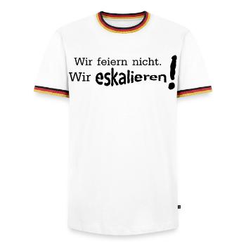 Wir feiern nicht wir eskalieren - Männer Kontrast-T-Shirt - Weiß/Dreifarbig - Vorne - AI Model Female 172 light (172cm) & AI Model Male 185 light (185cm)