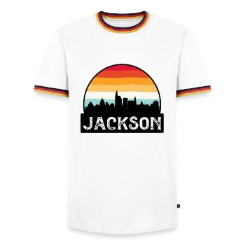 Jackson Mississippi USA Flagge Skyline Reisen Souven - Männer Kontrast-T-Shirt - Weiß/Dreifarbig - Vorne - AI Model Female 172 light (172cm) & AI Model Male 185 light (185cm)