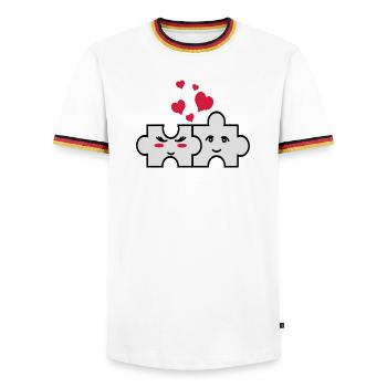 Puzzle-Paar - Männer Kontrast-T-Shirt - Weiß/Dreifarbig - Vorne - AI Model Female 172 light (172cm) & AI Model Male 185 light (185cm)
