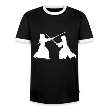 Diszipliniertes Kendo Bambusschwert - Männer Kontrast-T-Shirt - Schwarz/Weiß - Vorne - AI Model Female 172 light (172cm) & AI Model Male 178 light (178cm)