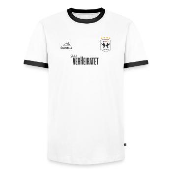 JGA - Trikot - Bald verheiratet - Dunkle Schrift - Männer Kontrast-T-Shirt - Weiß/Schwarz - Vorne - AI Model Female 172 light (172cm) & AI Model Male 178 dark (178cm)