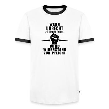 Unrecht erkennen – Widerstand zeigen - Männer Kontrast-T-Shirt - Weiß/Schwarz - Vorne - AI Model Female 172 light (172cm) & AI Model Male 178 dark (178cm)