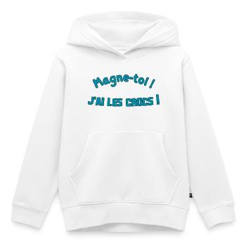 Magne-toi J'ai les Cr*cs – Bleu Pop - Sweat Premium à capuche enfant bio - blanc - Devant - AI Model Kid Female (0cm)