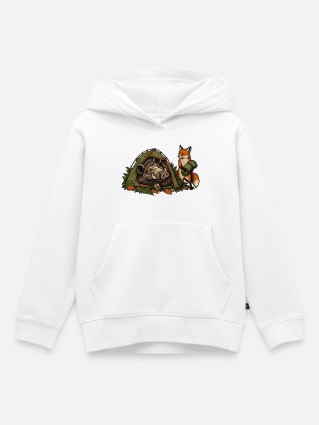 Wildschwein und Fuchs beim Zelten - Kinder Premium Organic Hoodie - Weiß