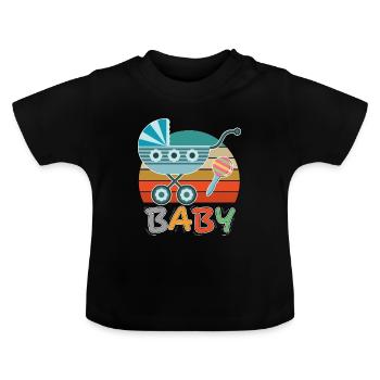 Baby Kinderwagen Rassel Spazieren gehen Retro - Baby Bio-T-Shirt mit Rundhals - Schwarz - Vorne